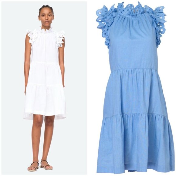 SEA New York Lee Linen Cotton Flutter Sleeve Tiered Tunic Eyelet Dress - Picture 3 of 12